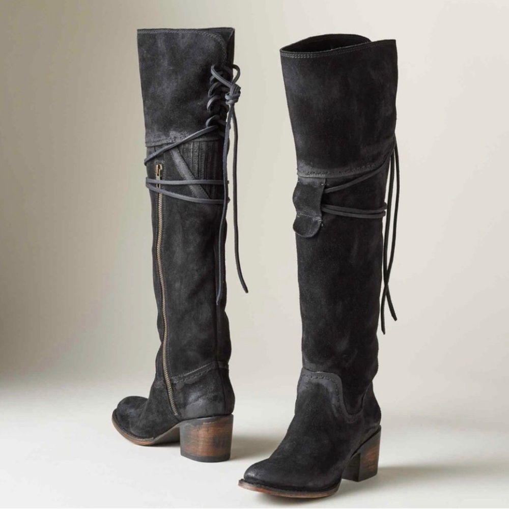 Freebird by Steven Above the knee distressed black leather boots with laces.